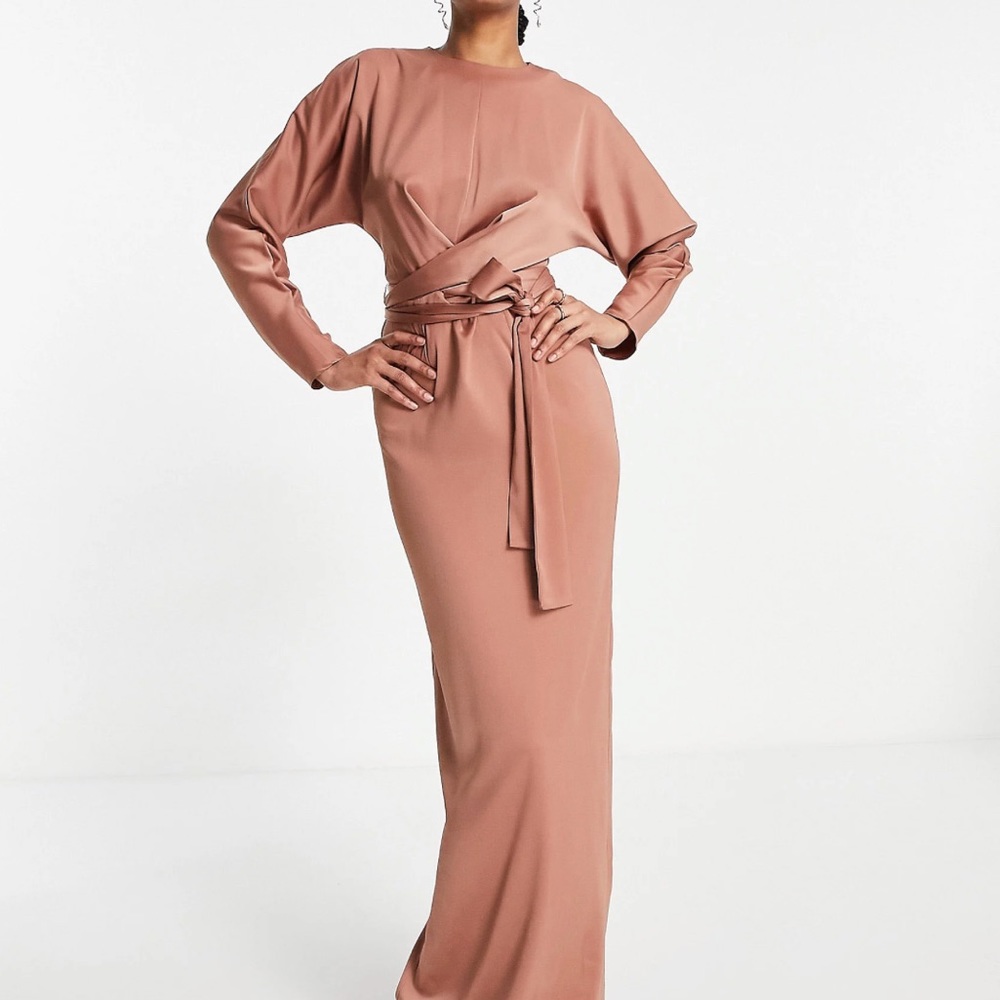 ASOSDESIGN satin long sleeve maxi dress, mink US12